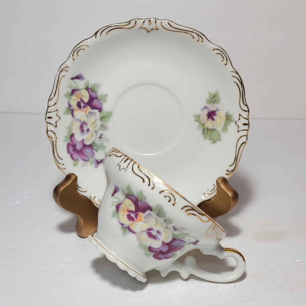 Sterling China Pansy Teacup and Saucer Purple Yellow Vintage